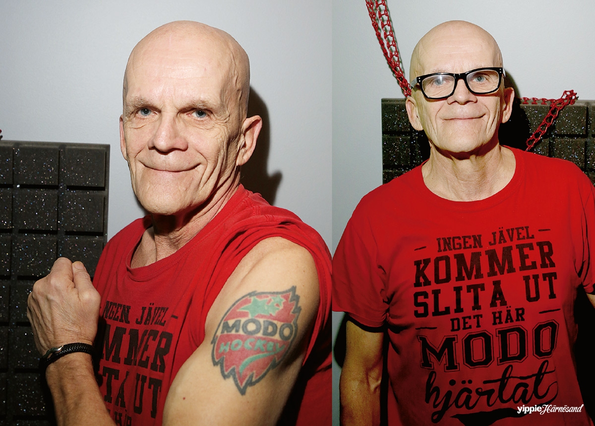 Kurt ”Lill-Gytta” Edfeldt visar stolt sin Modo-tatuering.